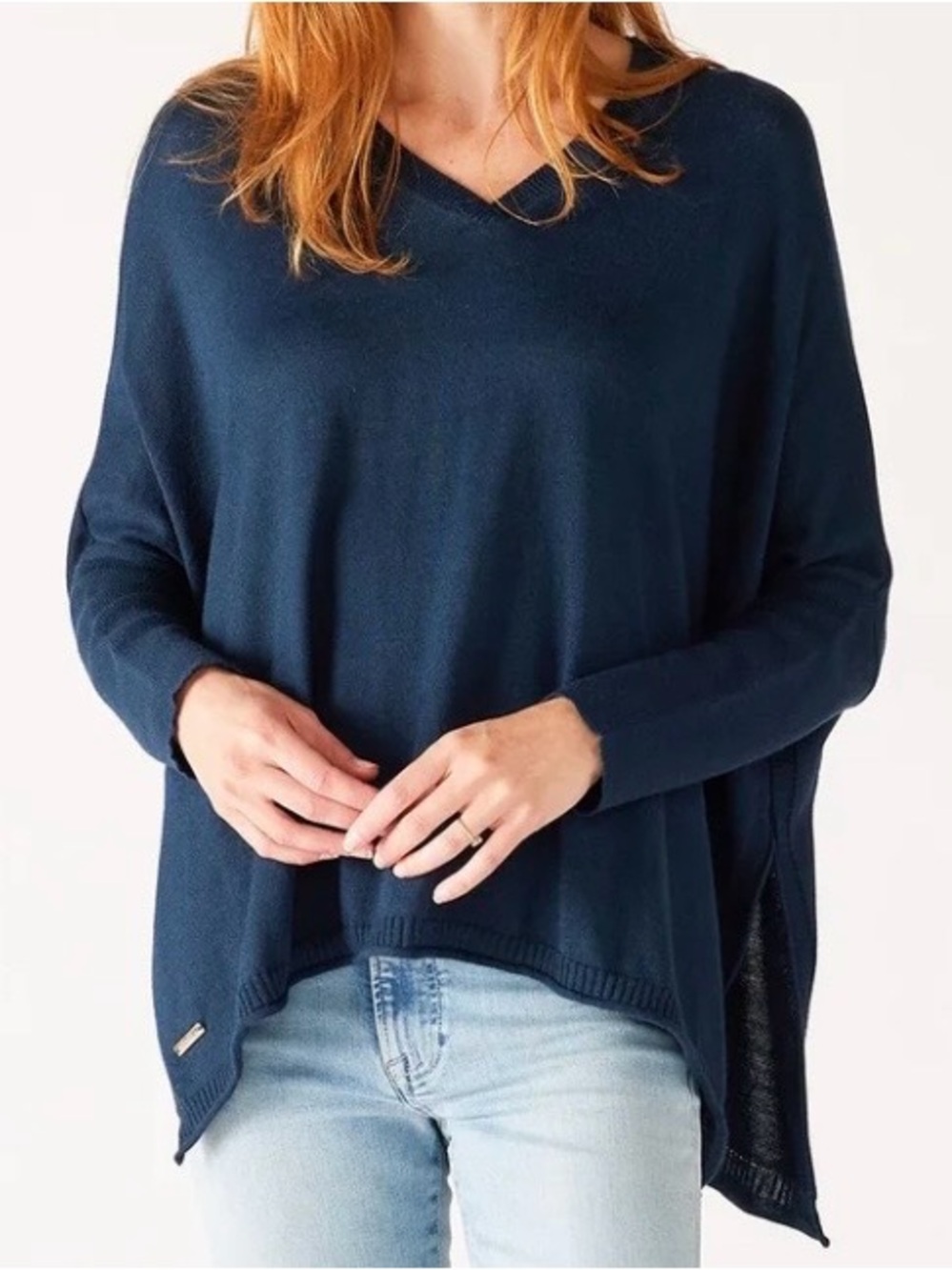 MERSEA Catalina V Neck Sweater One Size Navy Oversized Split Side Slit Coastal